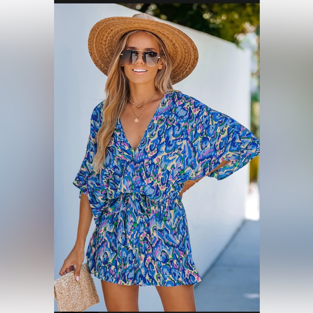 NWT Abstract Print Drawstring Romper.Vibrant Blue Patterned Romper